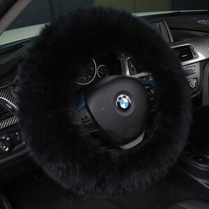 Car Steering Wheel Cover Furry Fluffy Universal Fur Wool Sheepskin Thick Black